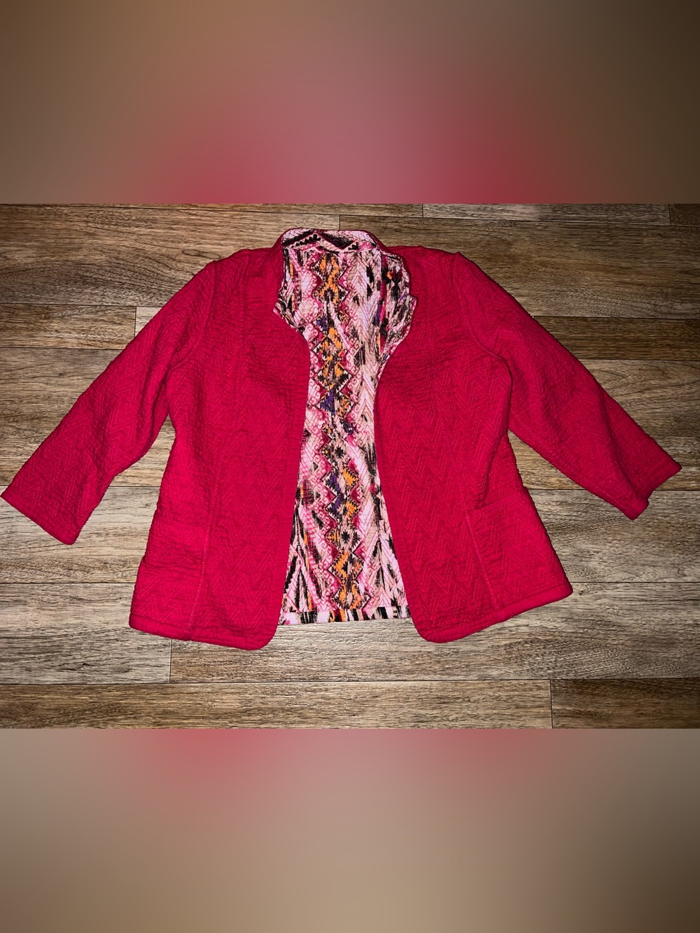 Chico's Bright Pink Quilted Open-Front Cardigan with Patterned Lining